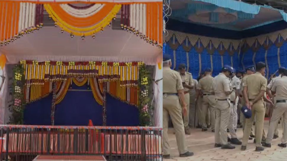 ಗಣೇಶ ಪ್ರತಿಷ್ಠಾಪನೆಗೆ ಸಜ್ಜಾದ ಮಂಟಪ: ಬಲಿಷ್ಟ ಪೋಲಿಸ್ ಪಡೆ ಕಾವಲು.